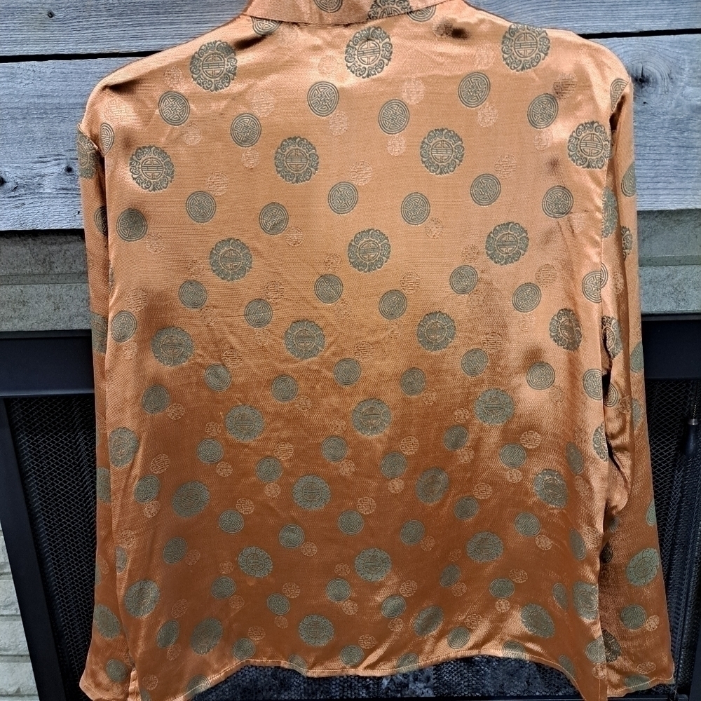 Vtg Silk Large Orange Metalic Green Medallion Open Front Jacket Kimono Asian Nic - Picture 7 of 10